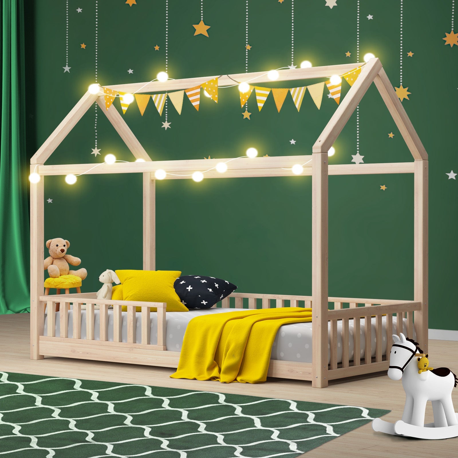 Oikiture Bed Frame Single Wooden Timber House Frame Wood Mattress Base Platform - Sunyee