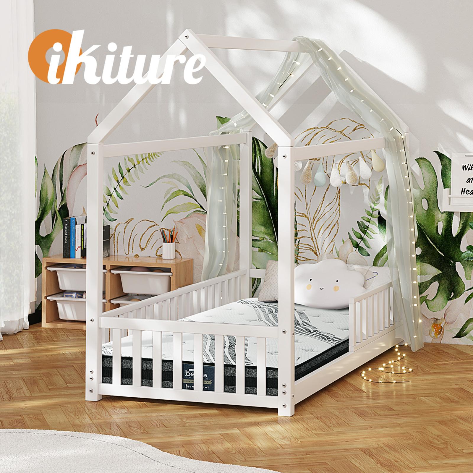 Oikiture Kids Bed Frame With Single Mattress Set House Frame White - Sunyee