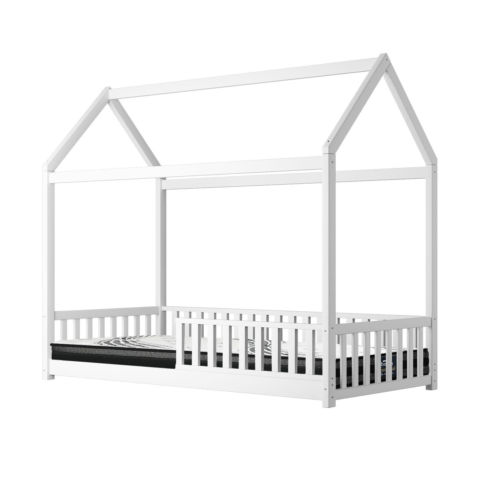 Oikiture Kids Bed Frame With Single Mattress Set House Frame White - Sunyee