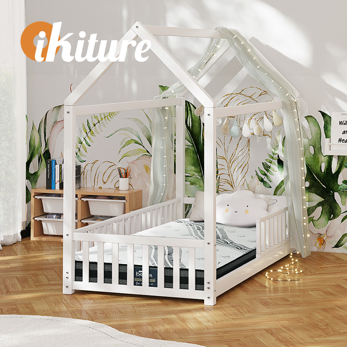 Oikiture Kids Bed Frame With Single Mattress Set House Frame White - Sunyee