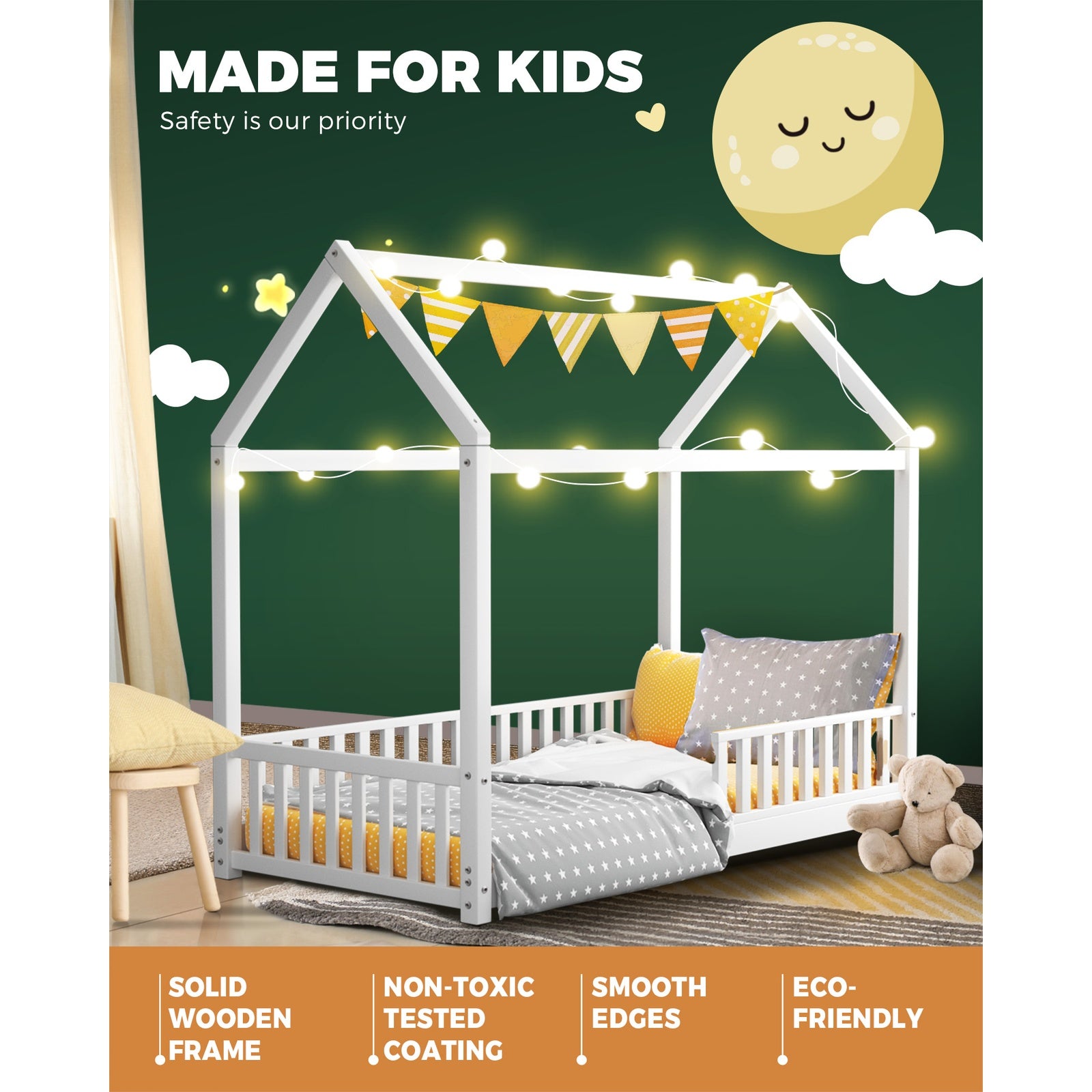 Oikiture Bed Frame Wooden Single Timber House Frame Mattress Base White - Sunyee