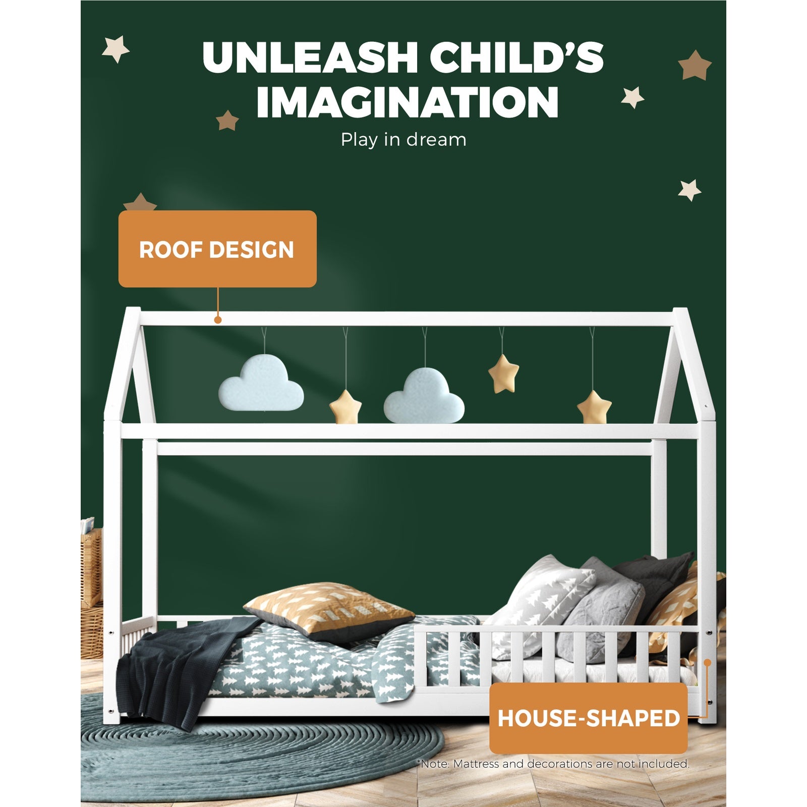 Oikiture Bed Frame Wooden Single Timber House Frame Mattress Base White - Sunyee