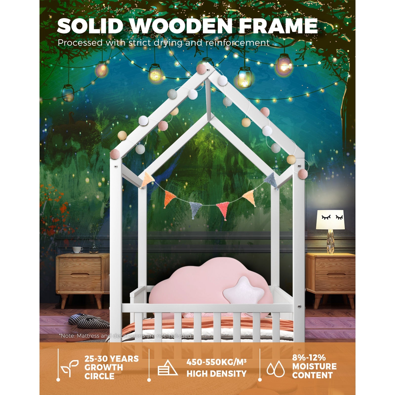 Oikiture Bed Frame Wooden Single Timber House Frame Mattress Base White - Sunyee