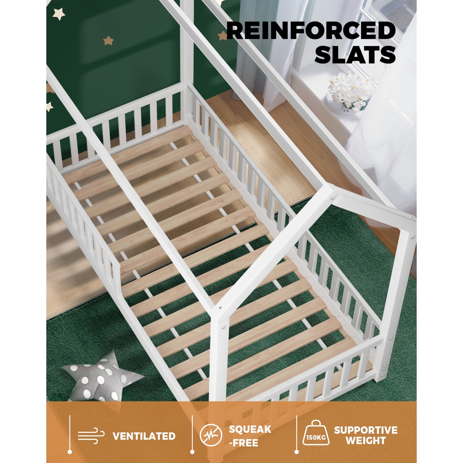 Oikiture Bed Frame Wooden Single Timber House Frame Mattress Base White - Sunyee