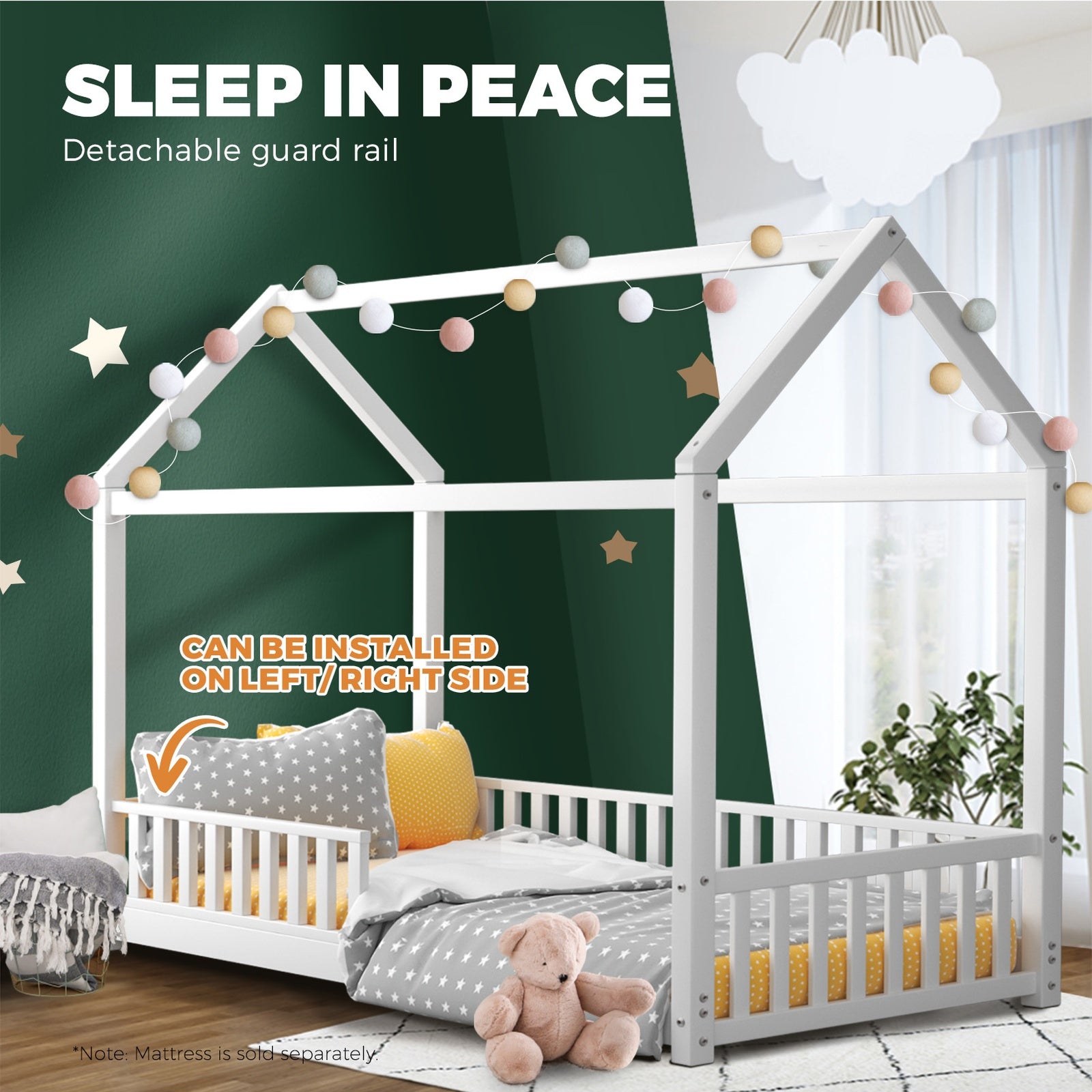 Oikiture Bed Frame Wooden Single Timber House Frame Mattress Base White - Sunyee