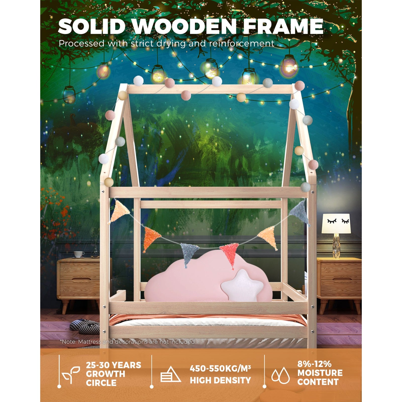 Oikiture Bed Frame Wooden Single Size Timber House Frame Mattress Base Platform - Sunyee