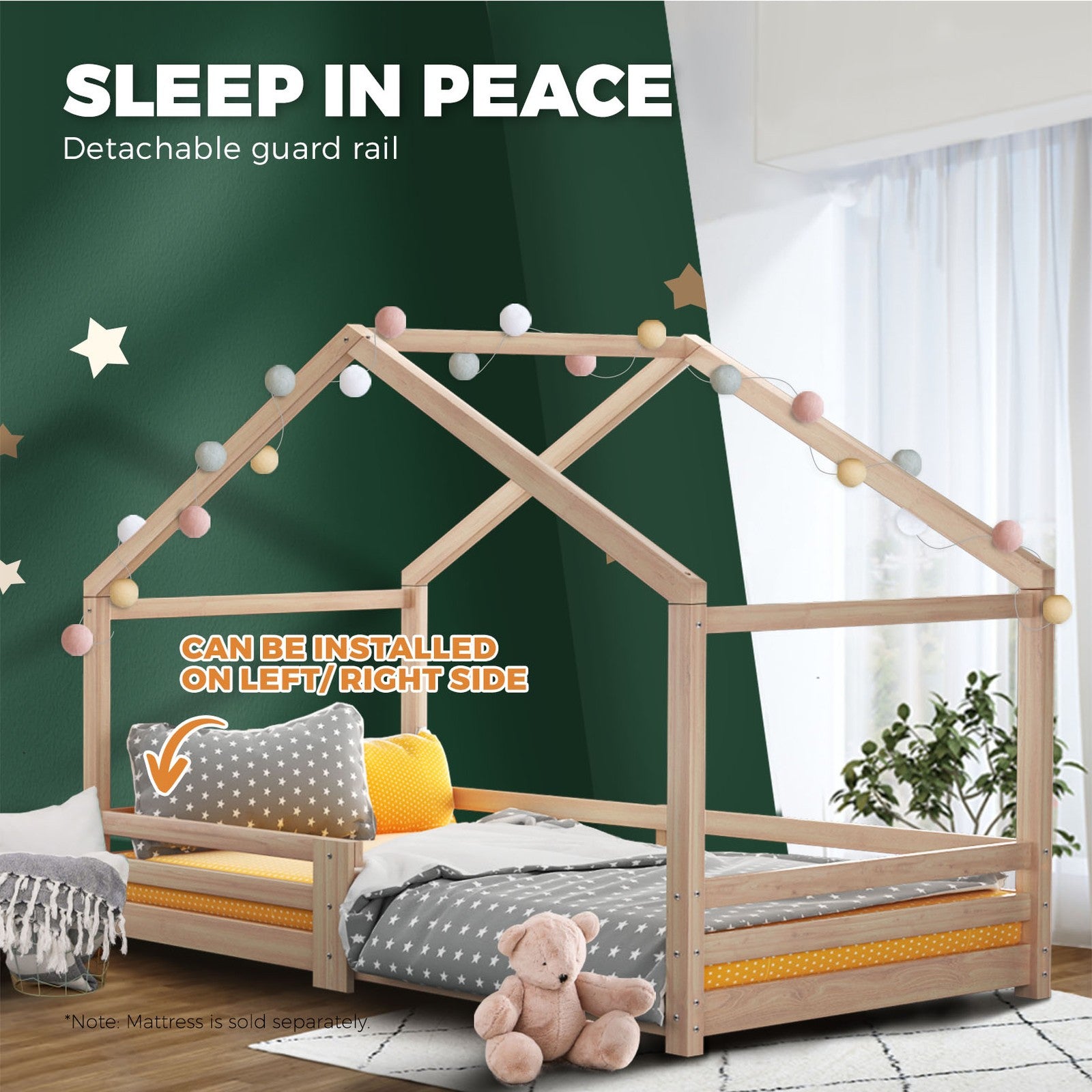 Oikiture Bed Frame Wooden Single Size Timber House Frame Mattress Base Platform - Sunyee