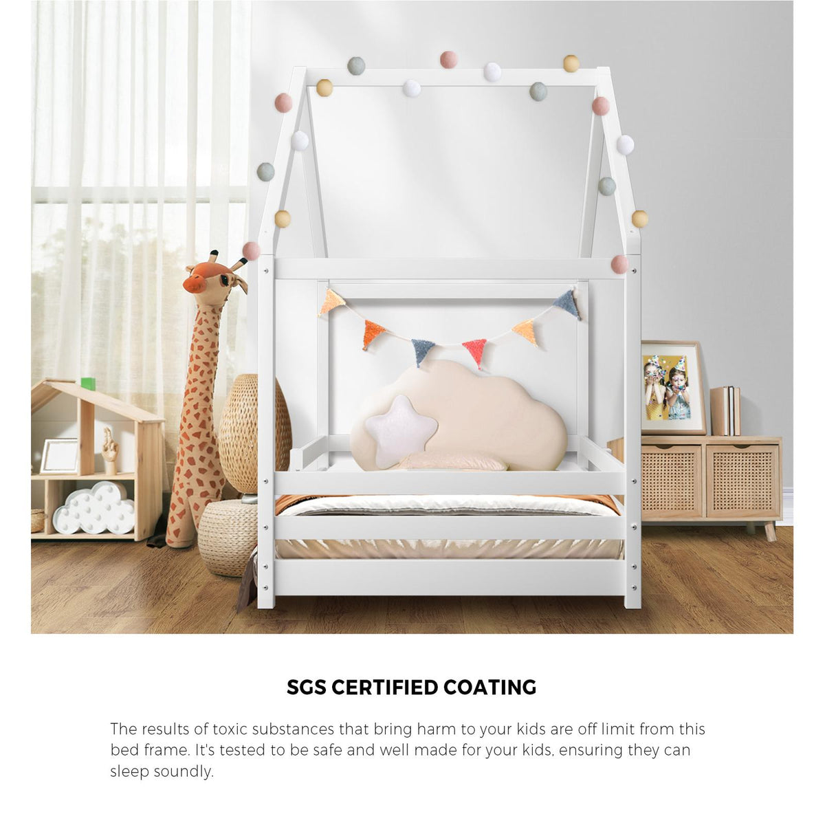 Oikiture Bed Frame Single Wooden House Bedframe Mattress Base Timber Platform