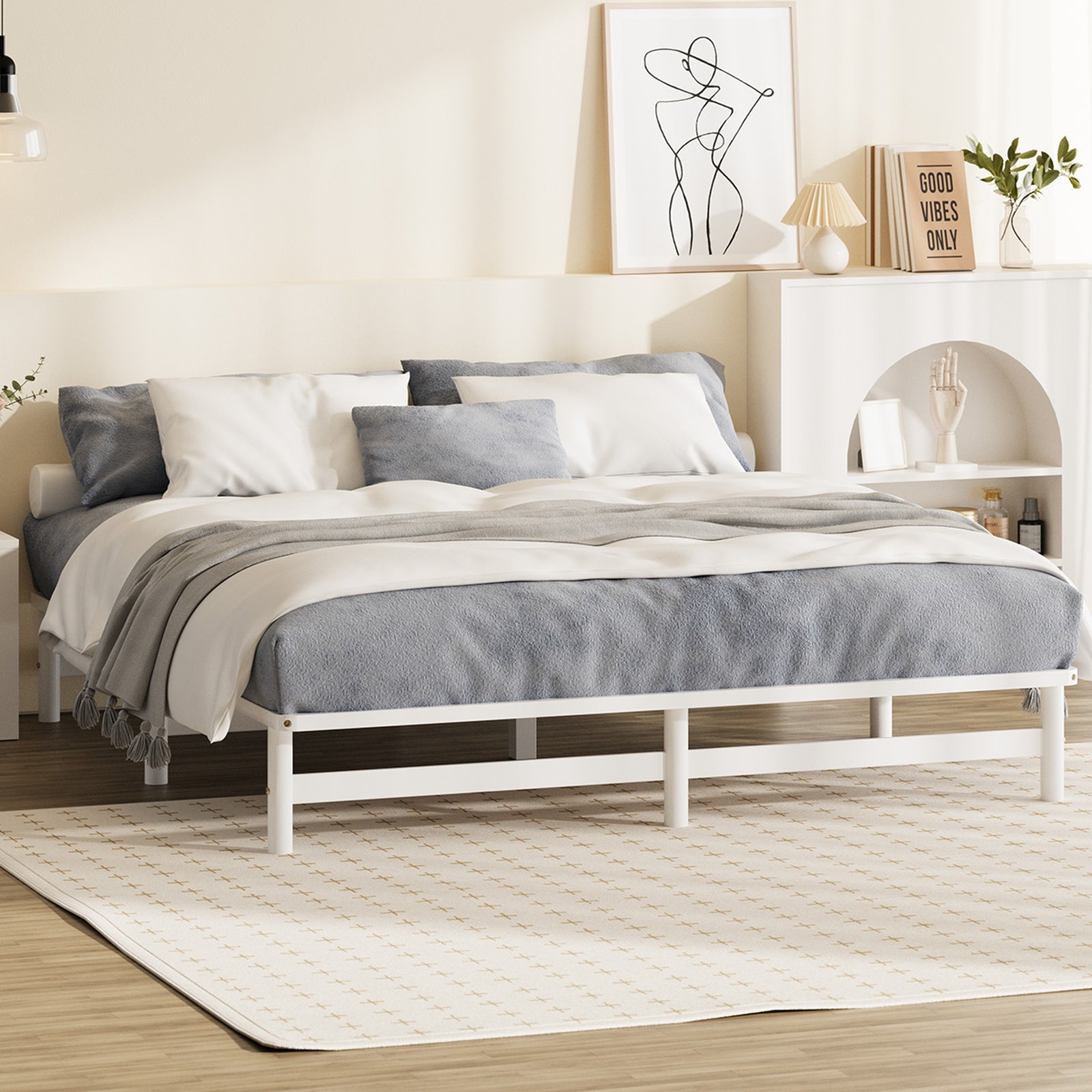 Oikiture Wooden Bed Frame King Size Base Platform Beds Solid Pine Wood White - Sunyee