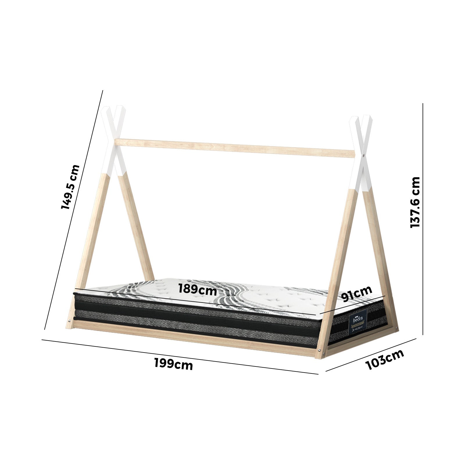 Oikiture Kids Bed Frame With Single Mattress Set Teepee House Style - Sunyee