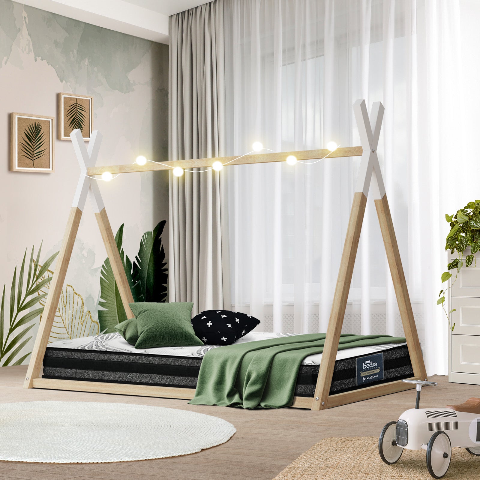 Oikiture Kids Bed Frame With Single Mattress Set Teepee House Style - Sunyee