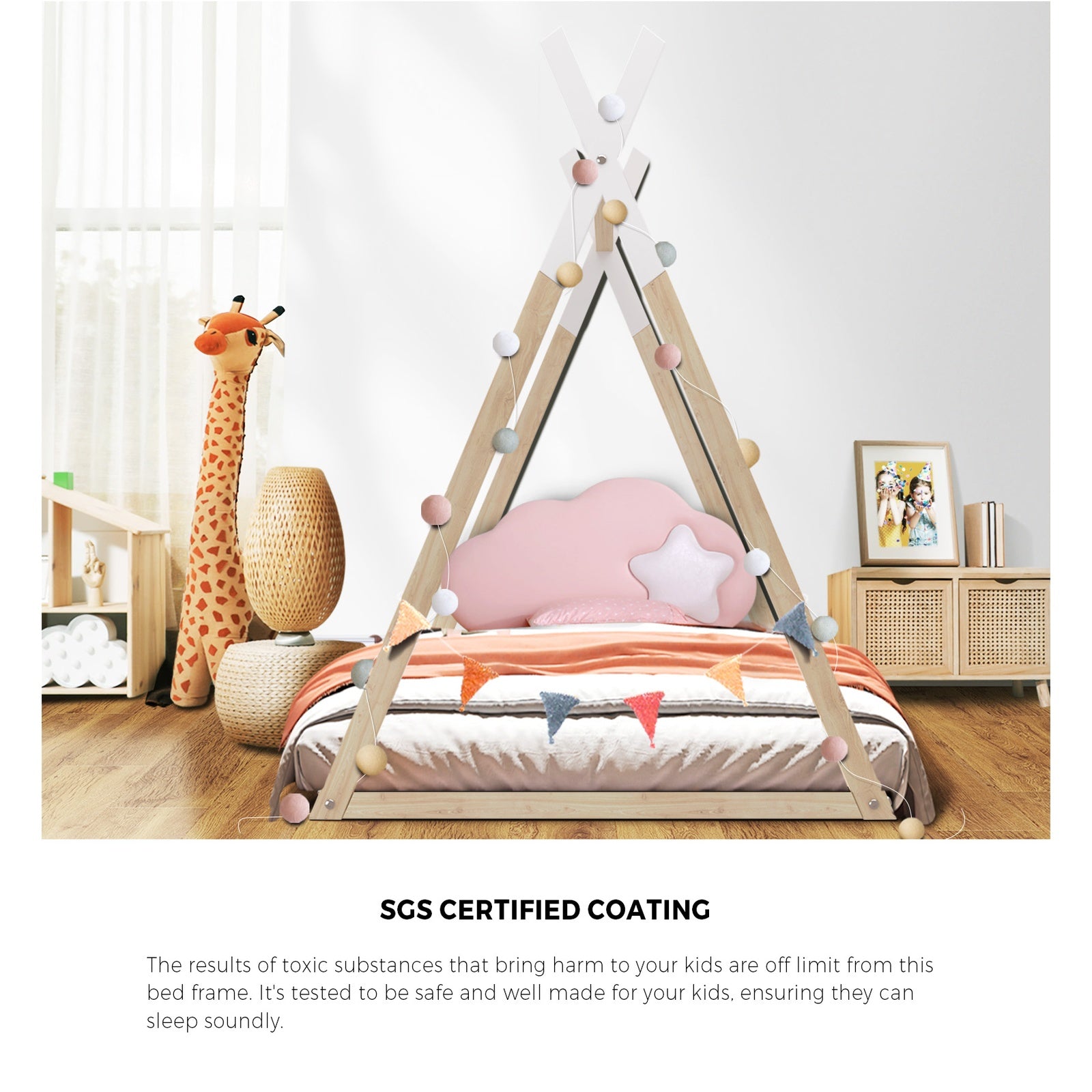 Oikiture Kids Bed Frame With Single Mattress Set Teepee House Style - Sunyee