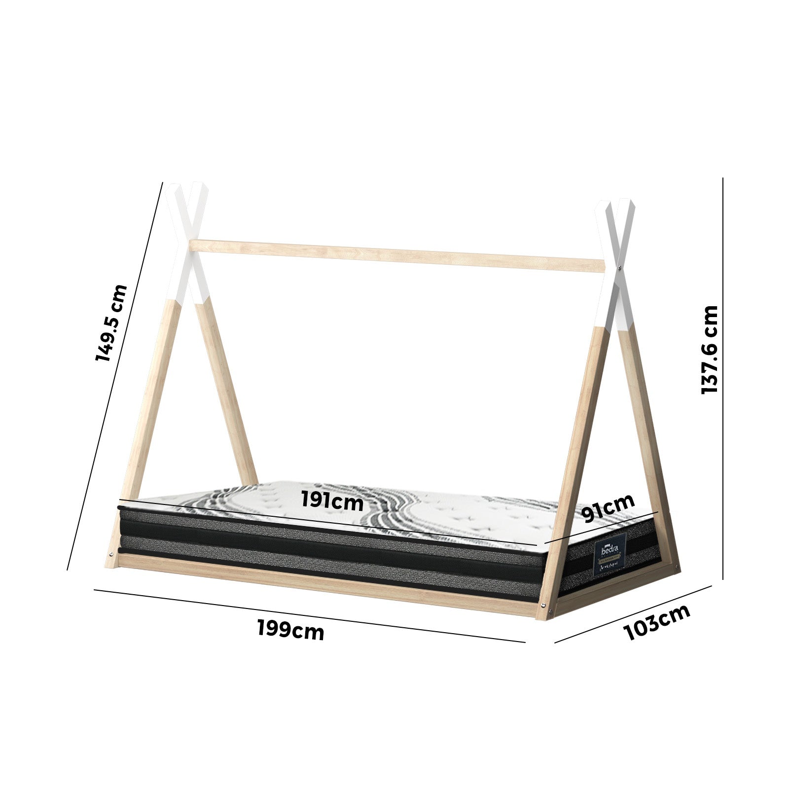 Oikiture Kids Bed Frame With Single Mattress Set Teepee House Style - Sunyee