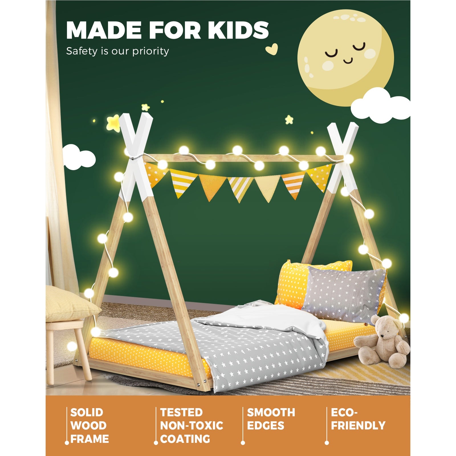 Oikiture Wooden Bed Frame Single Timber Teepee Bedframe Mattress Base Platform - Sunyee