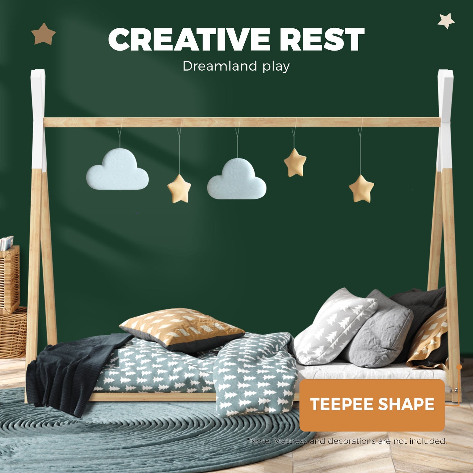 Oikiture Wooden Bed Frame Single Timber Teepee Bedframe Mattress Base Platform - Sunyee