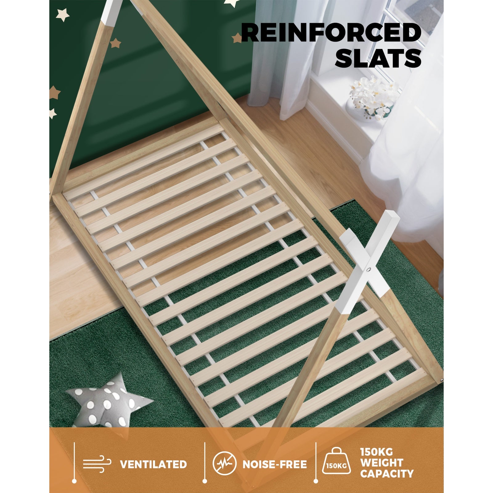 Oikiture Wooden Bed Frame Single Timber Teepee Bedframe Mattress Base Platform - Sunyee