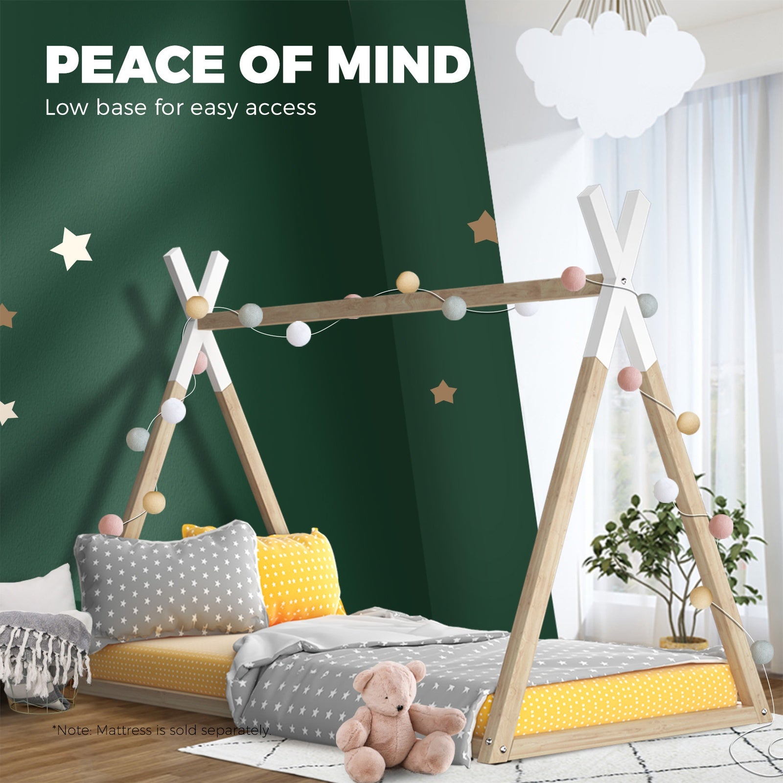 Oikiture Wooden Bed Frame Single Timber Teepee Bedframe Mattress Base Platform - Sunyee