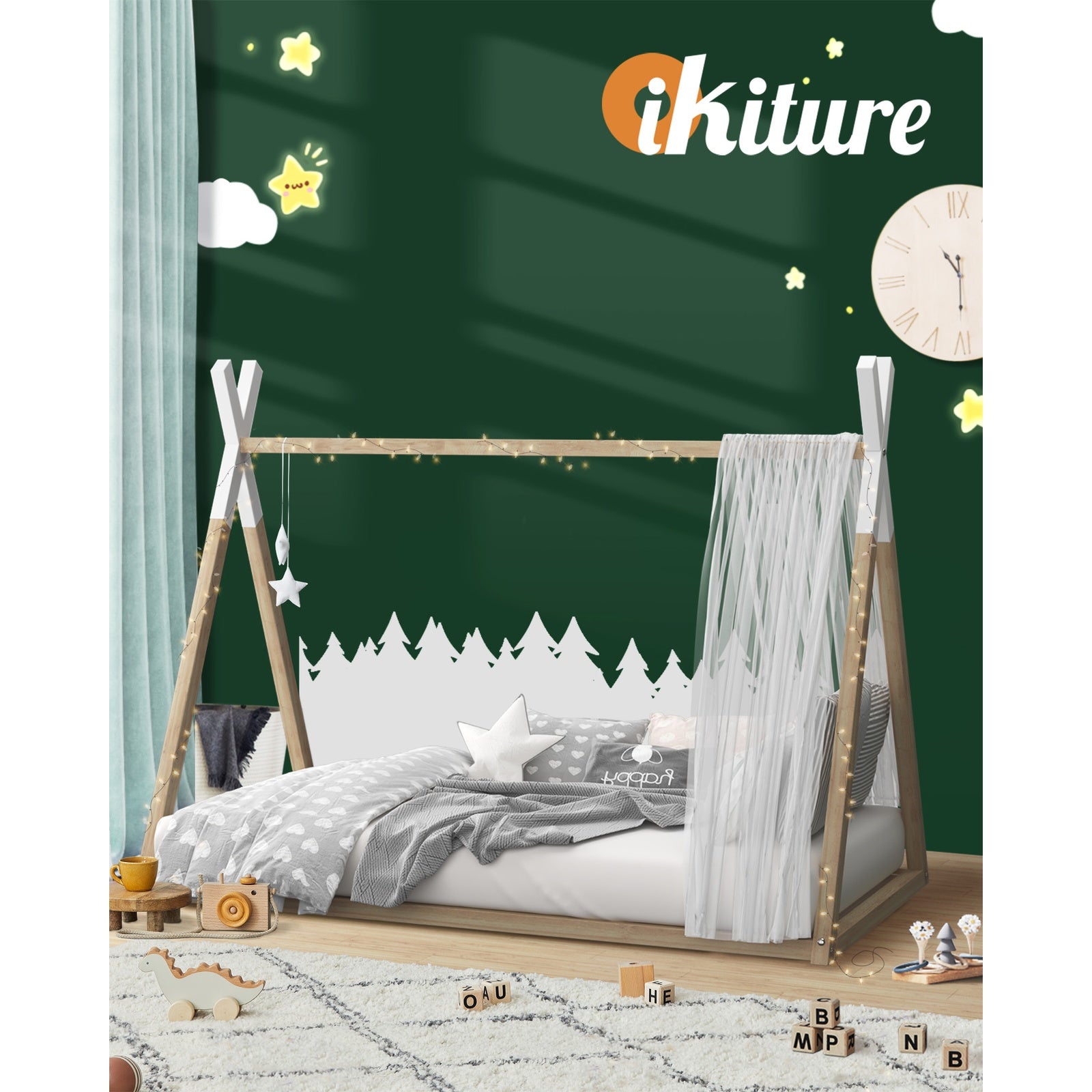 Oikiture Wooden Bed Frame Single Timber Teepee Bedframe Mattress Base Platform - Sunyee