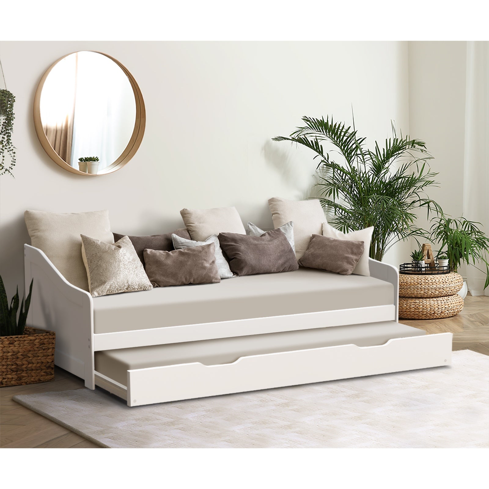 Oikiture Trundle Bed Frame Daybed Single Size Base Timber Wooden Kids Double Bed - Sunyee