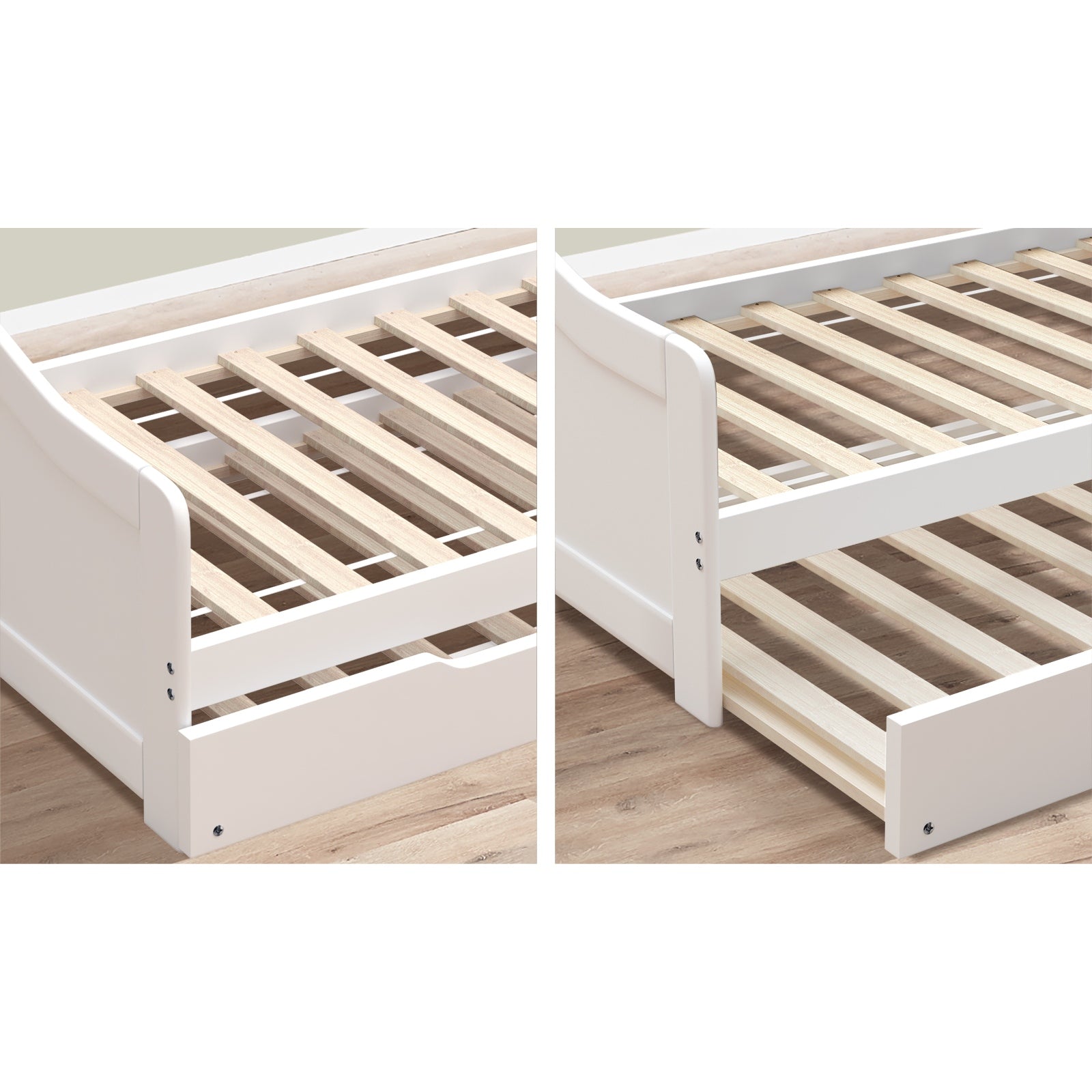 Oikiture Trundle Bed Frame Daybed Single Size Base Timber Wooden Kids Double Bed - Sunyee