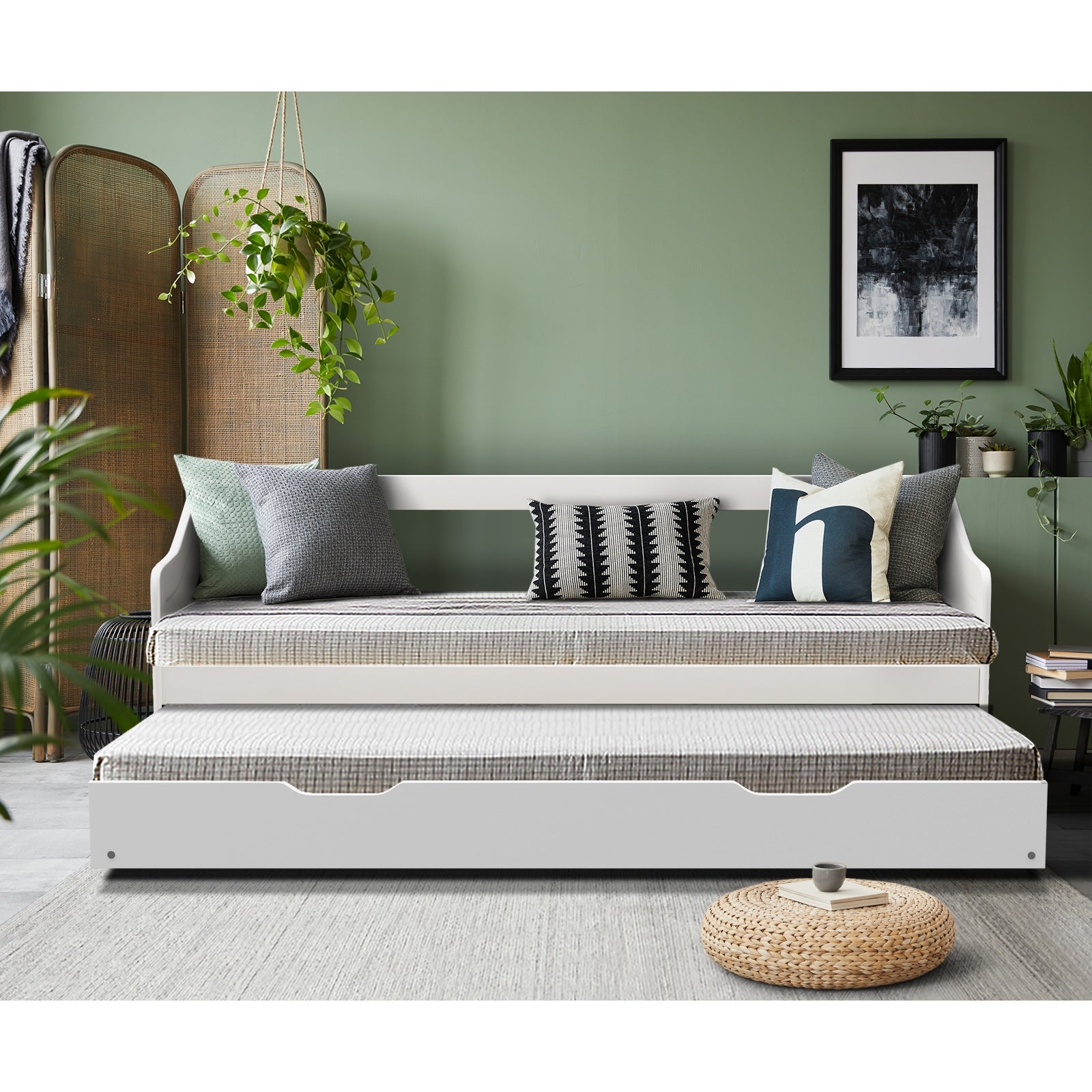 Oikiture Trundle Bed Frame Daybed Single Size Base Timber Wooden Kids Double Bed - Sunyee