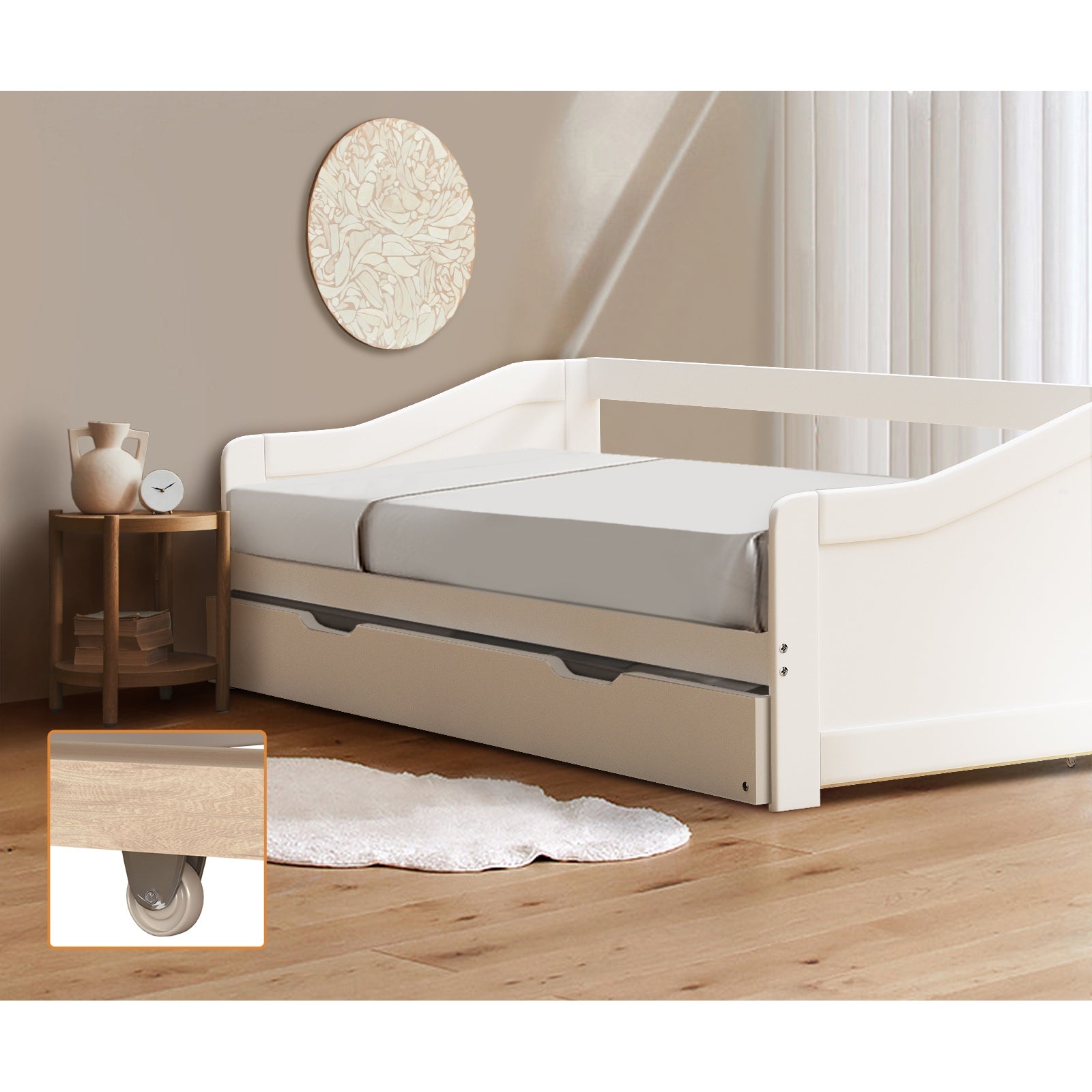 Oikiture Trundle Bed Frame Daybed Single Size Base Timber Wooden Kids Double Bed - Sunyee