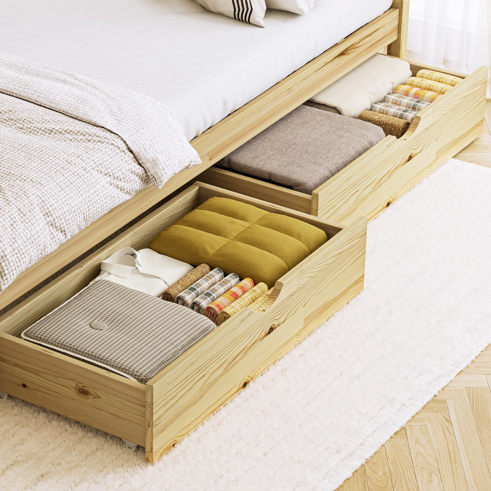 Oikiture 2x Trundle Drawers for Bed Frame Base Storage with Wheels Wooden - Sunyee