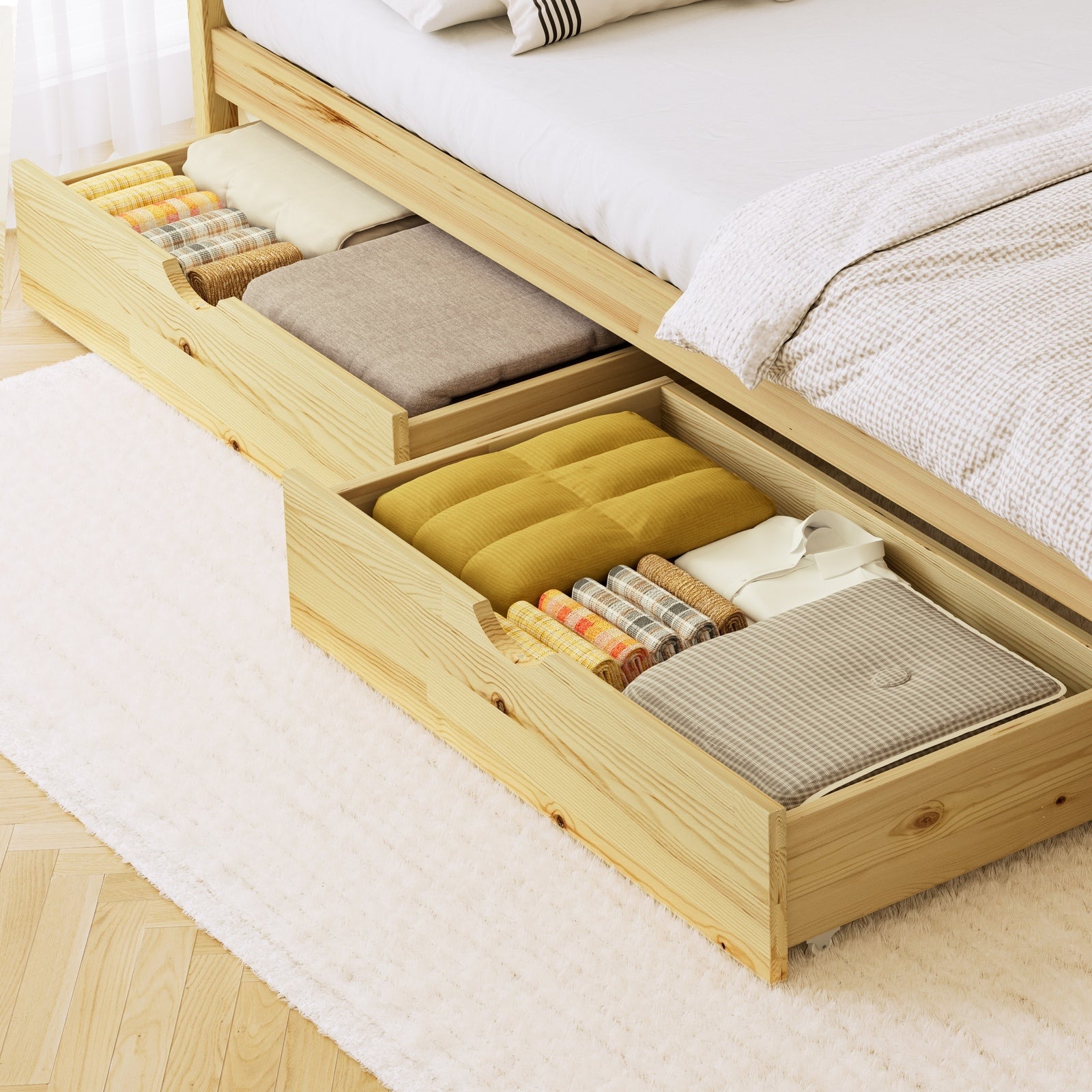 Oikiture 2x Trundle Drawers for Bed Frame Base Storage with Wheels Wooden - Sunyee