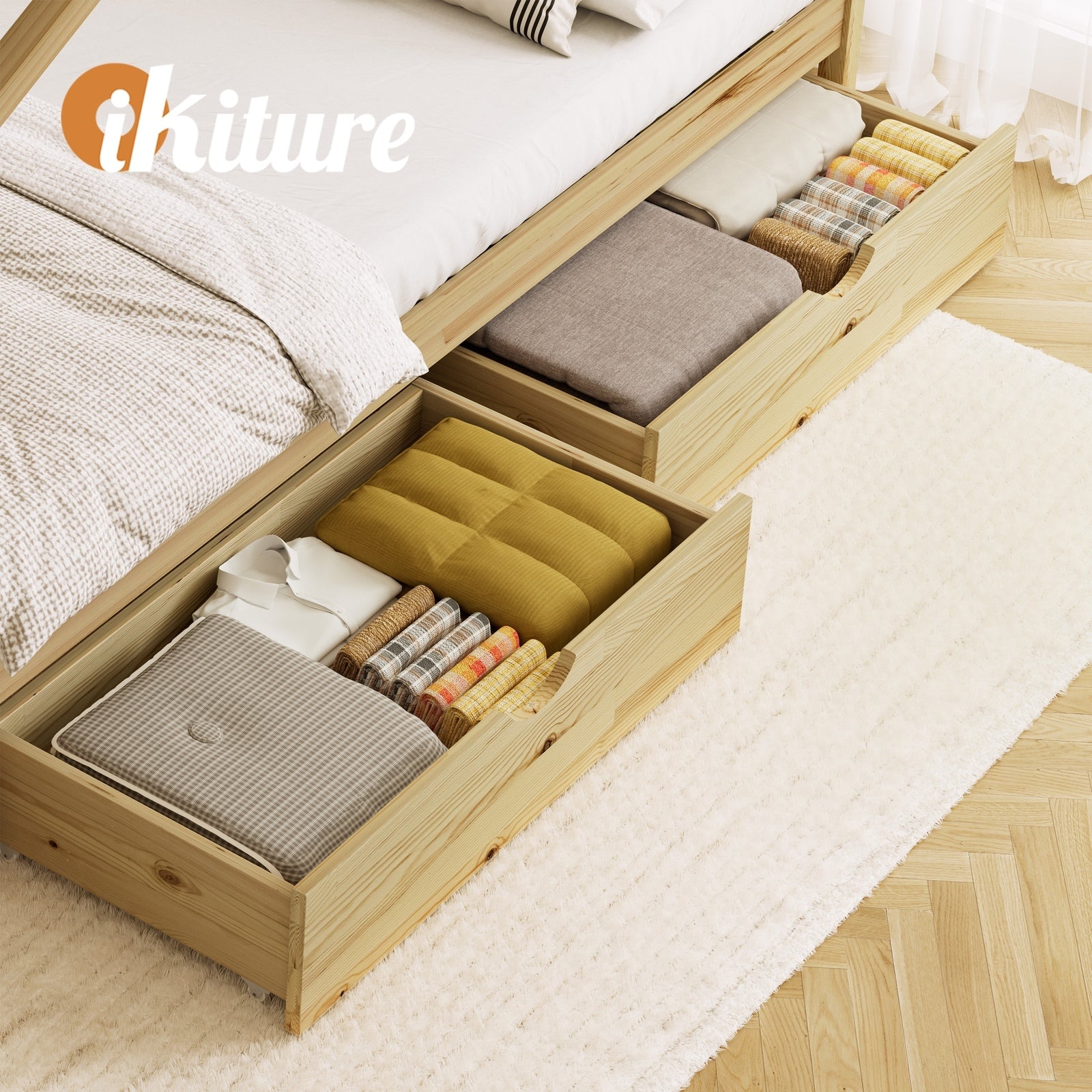 Oikiture 2x Trundle Drawers for Bed Frame Base Storage with Wheels Wooden - Sunyee