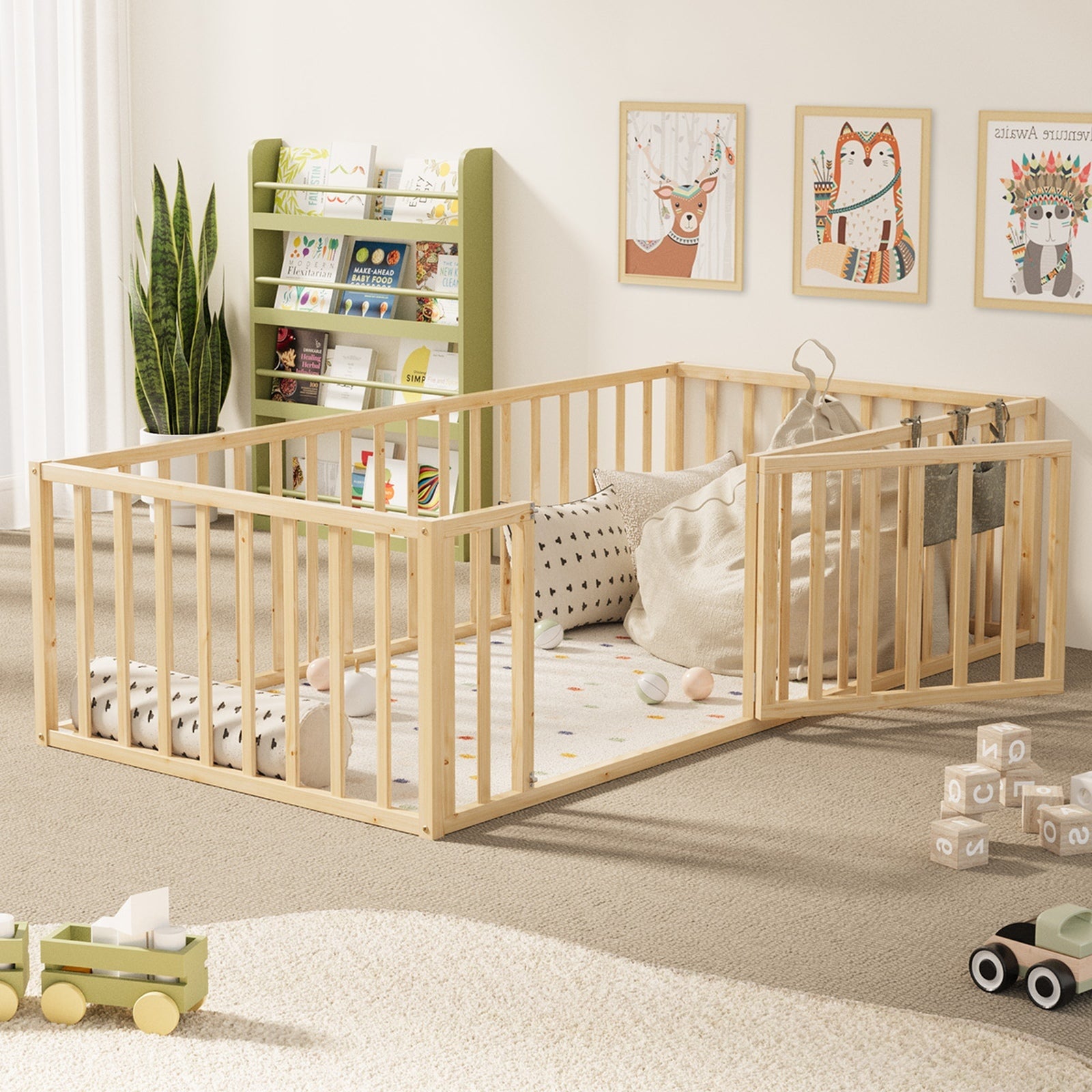 Oikiture 2-in-1 Kids Bed Frame Wood Single Toddler Play Centre Guard Fence Gate - Sunyee