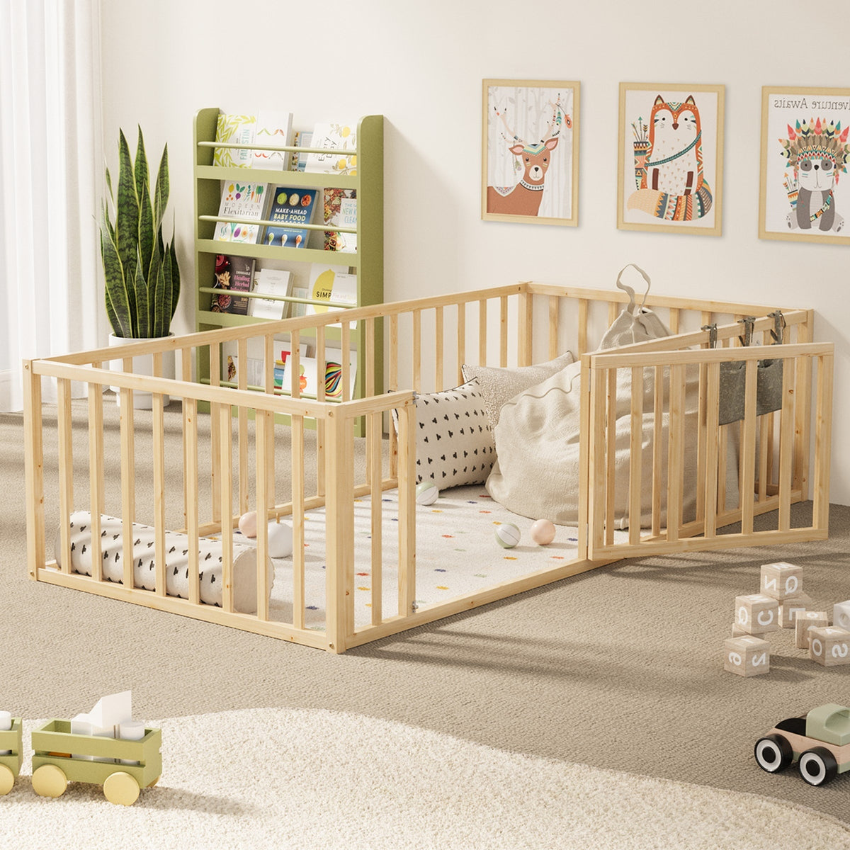 Oikiture 2-in-1 Kids Bed Frame Wood Single Toddler Play Centre Guard Fence Gate