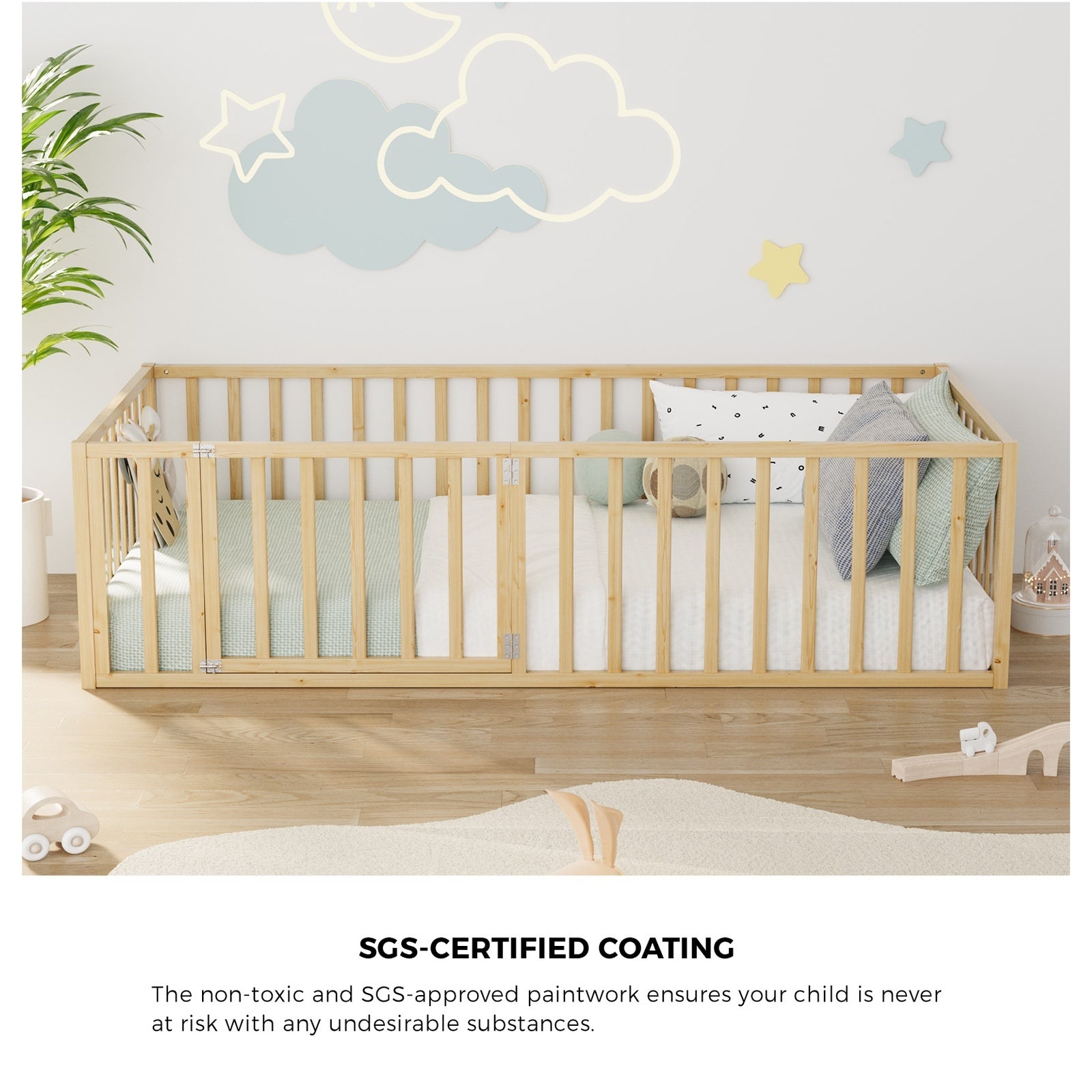 Oikiture 2-in-1 Kids Bed Frame Single Toddler Play Centre Guard Fence Gate Wood - Sunyee