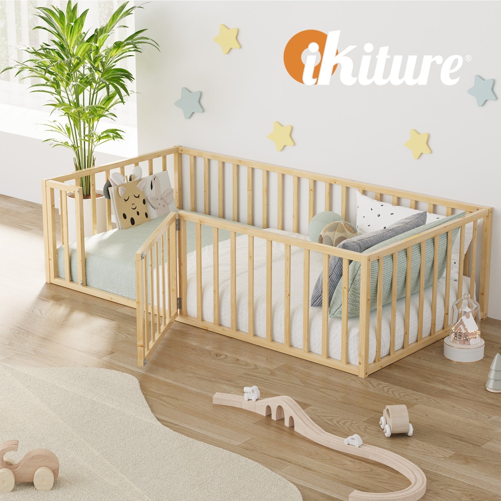 Oikiture 2-in-1 Kids Bed Frame Single Toddler Play Centre Guard Fence Gate Wood - Sunyee