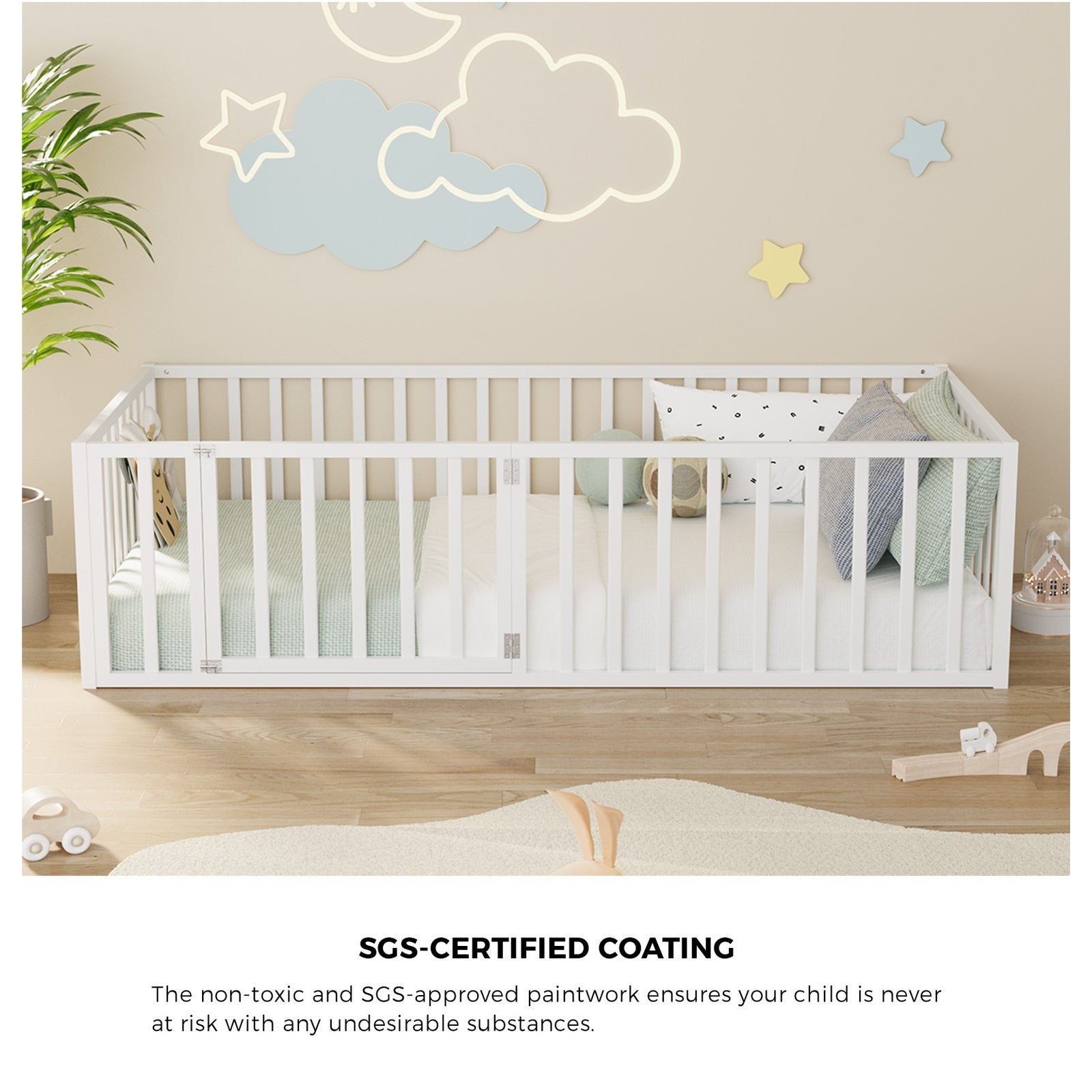 Oikiture 2-in-1 Kids Bed Frame Single Toddler Play Centre Guard Fence Gate White - Sunyee