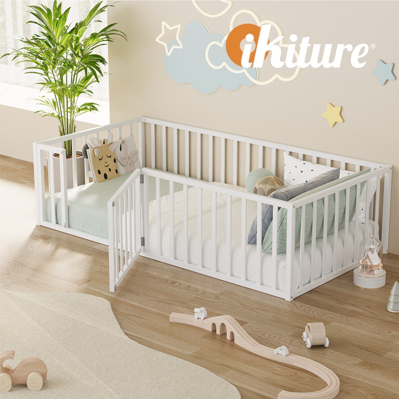 Oikiture 2-in-1 Kids Bed Frame Single Toddler Play Centre Guard Fence Gate White - Sunyee