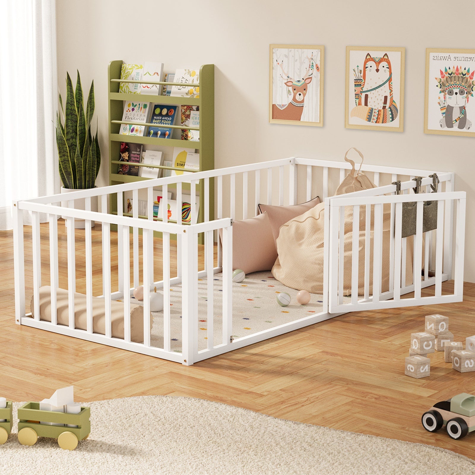 Oikiture 2-in-1 Kids Bed Frame Wood Single Toddler Play Centre Guard Fence Gate - Sunyee