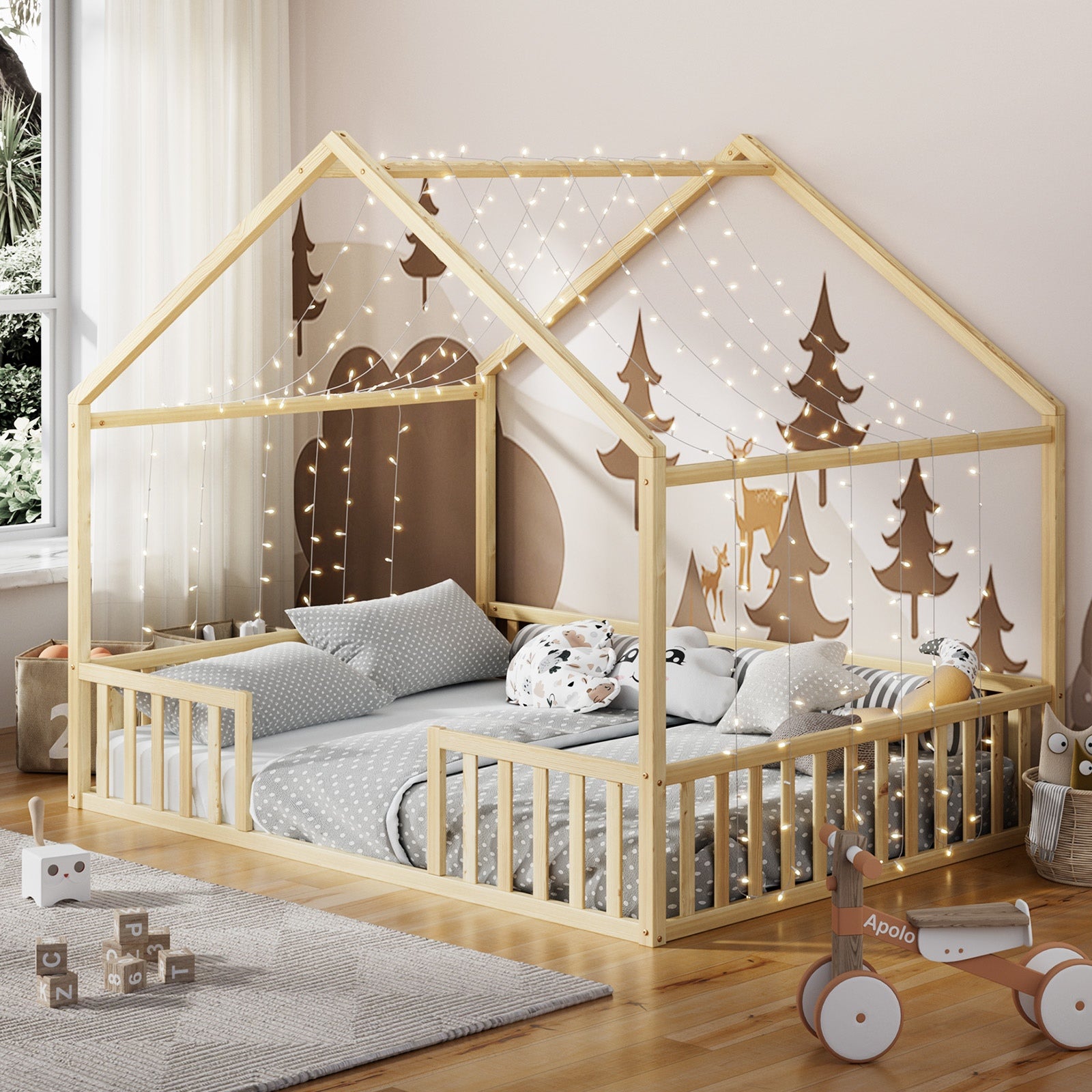 Oikiture Wooden Kids Bed Frame House Beds Natural White King Single Double - Sunyee