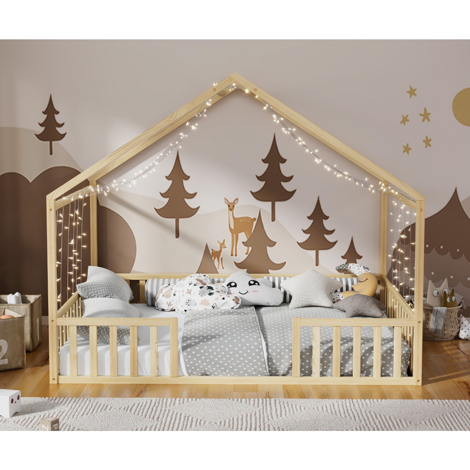 Oikiture Double House Beds Kids Wooden Bed Frame Timber Slats Free Base Natural - Sunyee