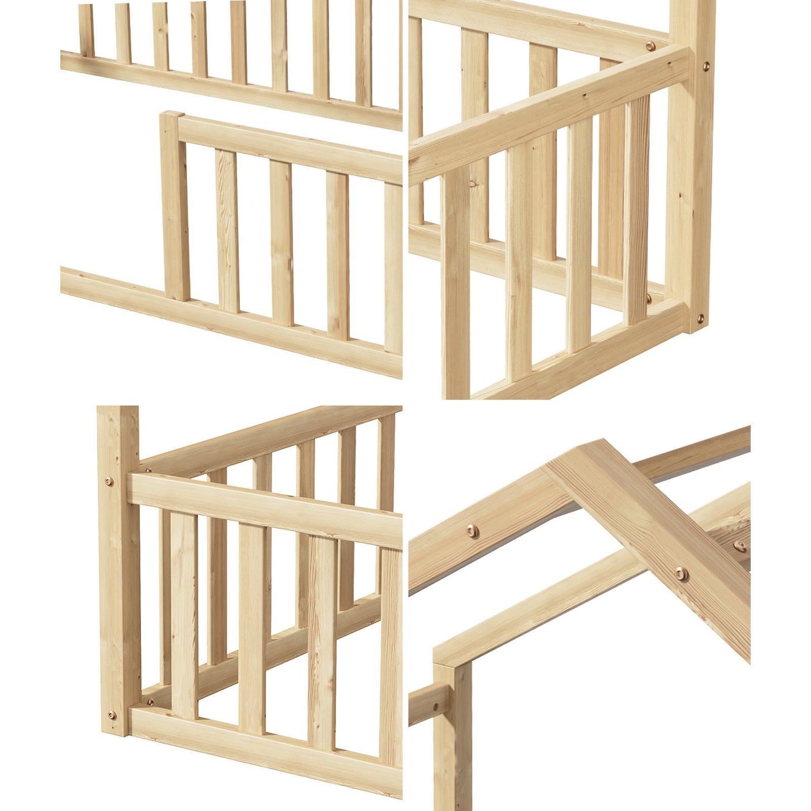 Oikiture Double House Beds Kids Wooden Bed Frame Timber Slats Free Base Natural - Sunyee