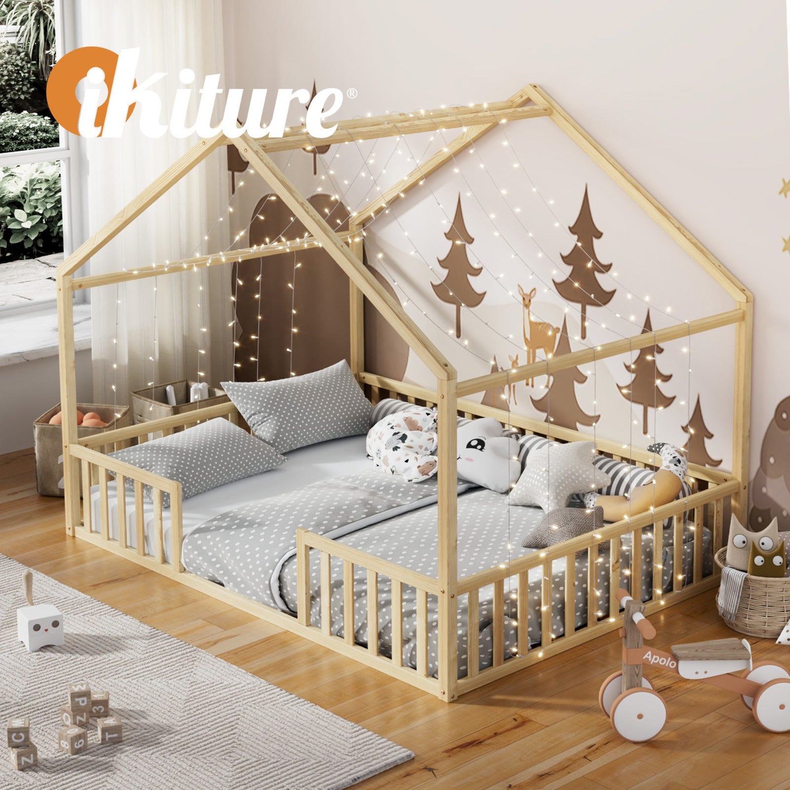 Oikiture Double House Beds Kids Wooden Bed Frame Timber Slats Free Base Natural - Sunyee
