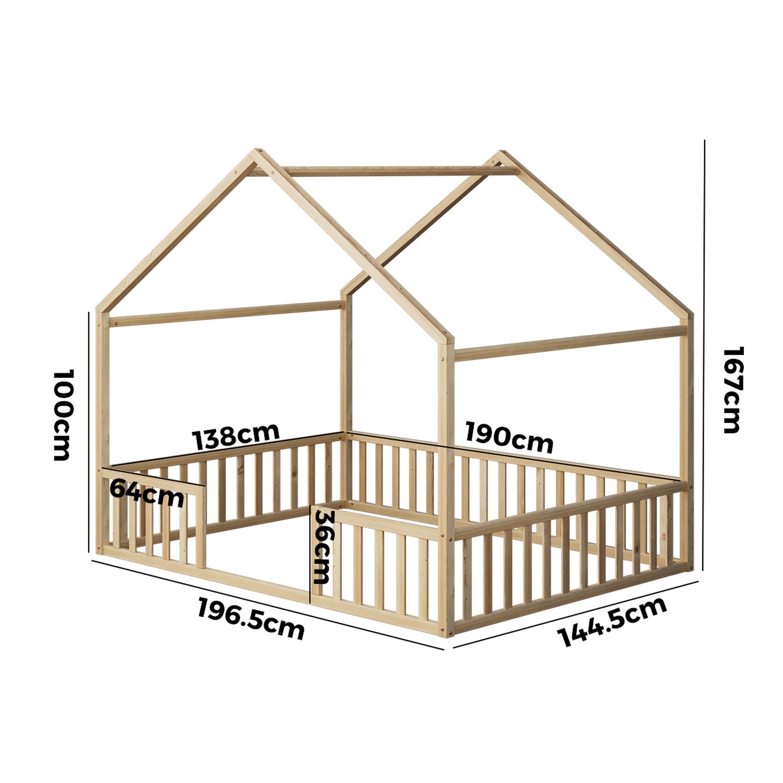 Oikiture Double House Beds Kids Wooden Bed Frame Timber Slats Free Base Natural - Sunyee