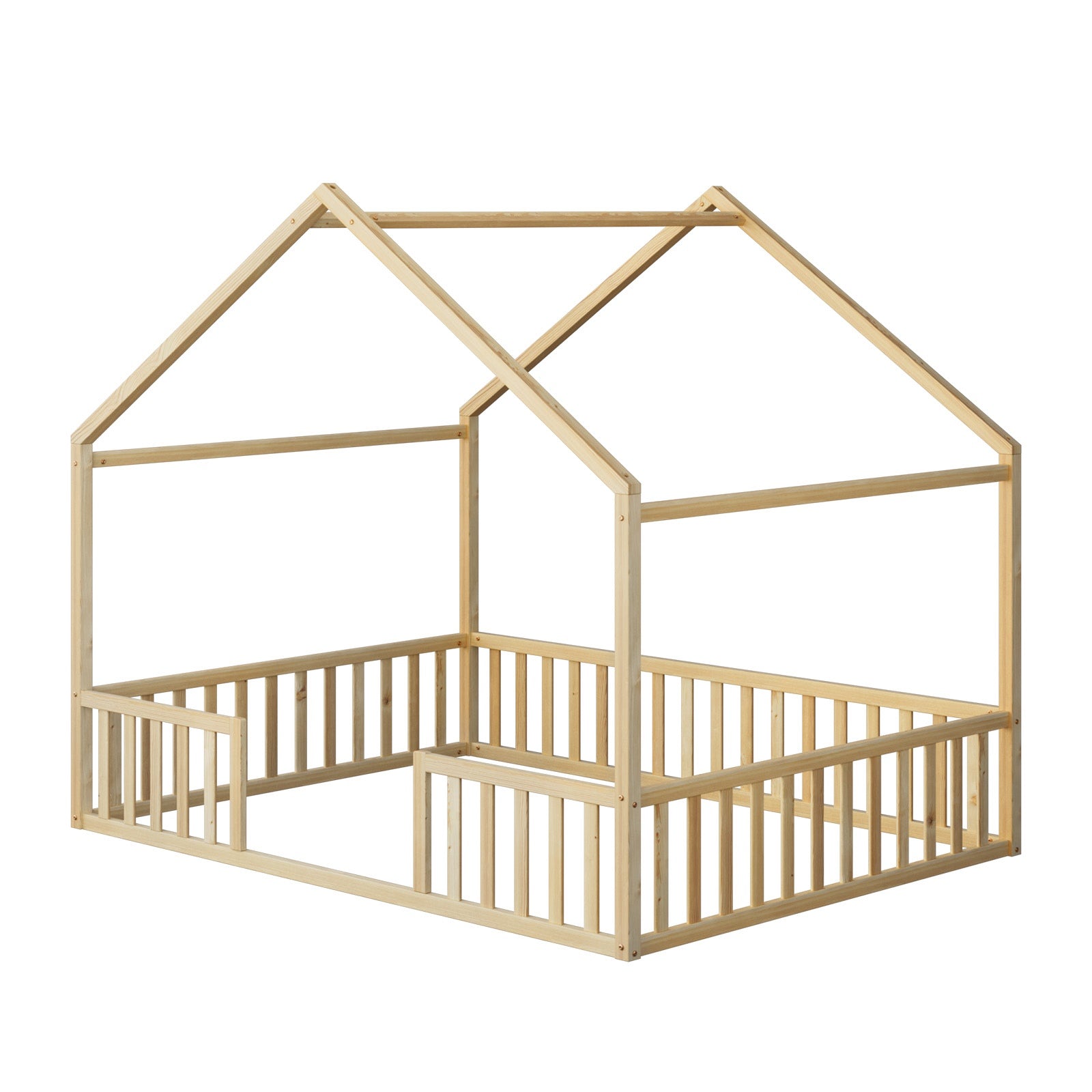 Oikiture Double House Beds Kids Wooden Bed Frame Timber Slats Free Base Natural - Sunyee