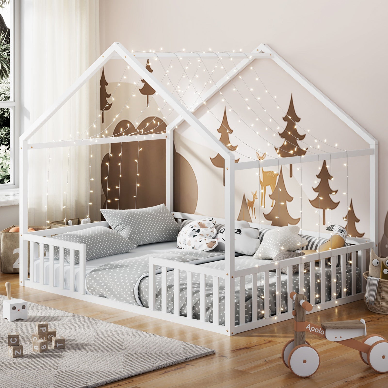 Oikiture Double House Beds Kids Wooden Bed Frame Timber Slats Free Base White - Sunyee