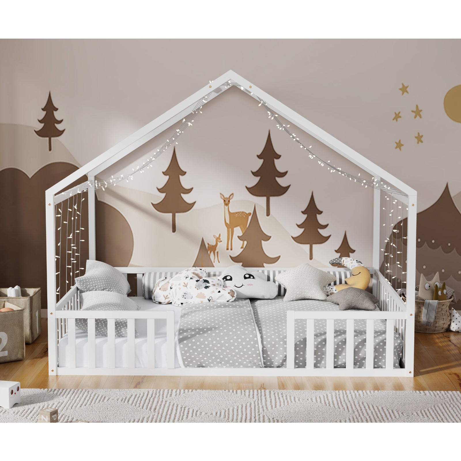 Oikiture Double House Beds Kids Wooden Bed Frame Timber Slats Free Base White - Sunyee