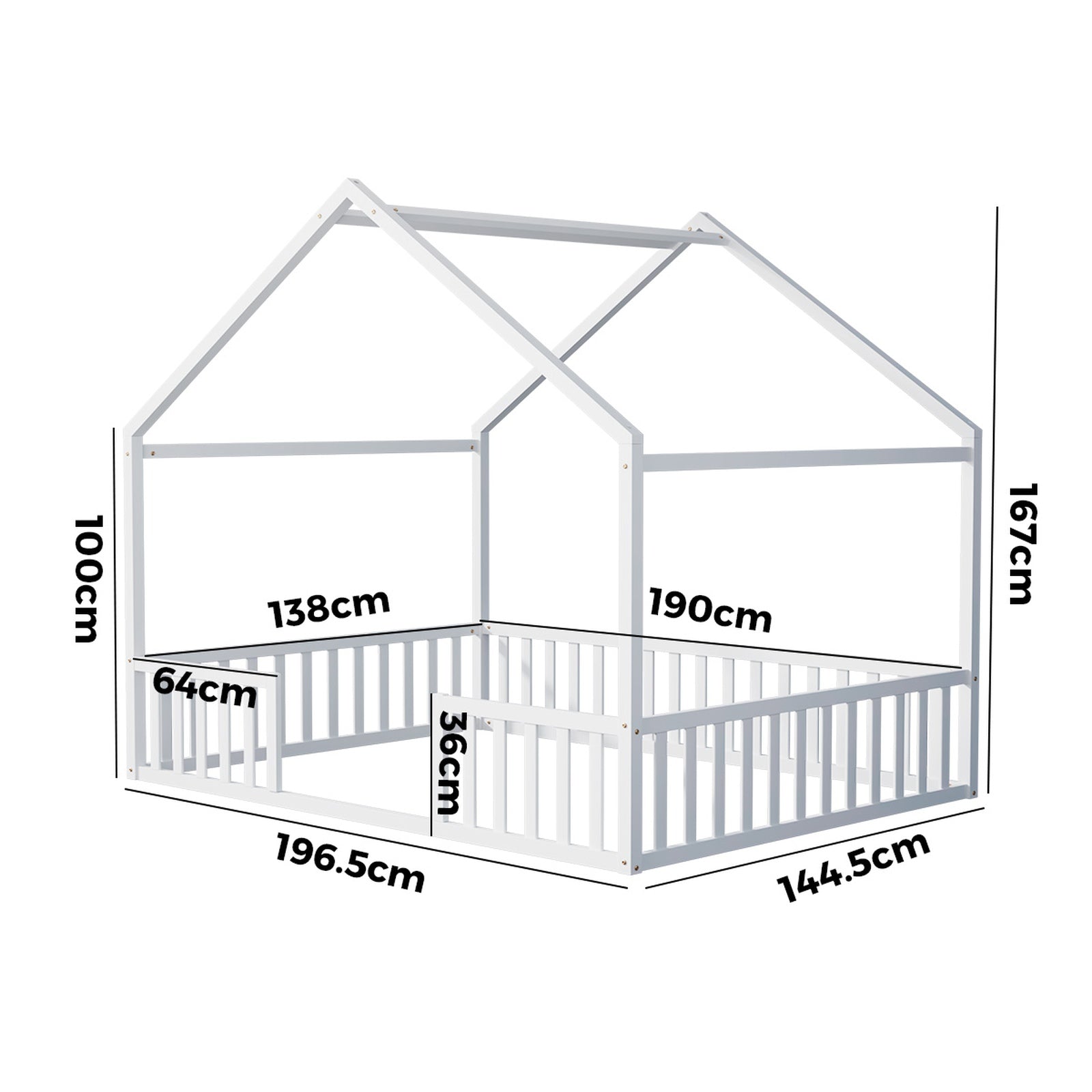 Oikiture Double House Beds Kids Wooden Bed Frame Timber Slats Free Base White - Sunyee