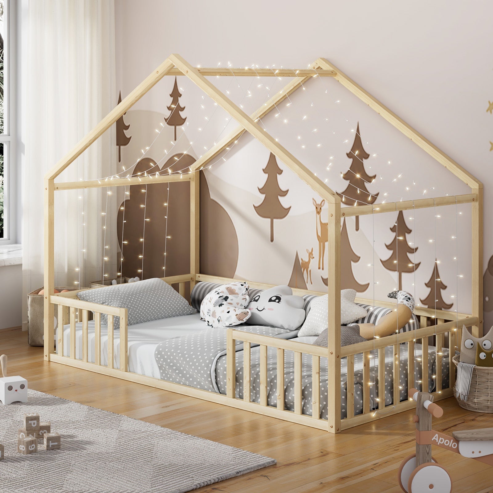 Oikiture Wooden Kids Bed Frame House Beds Natural White King Single Double - Sunyee