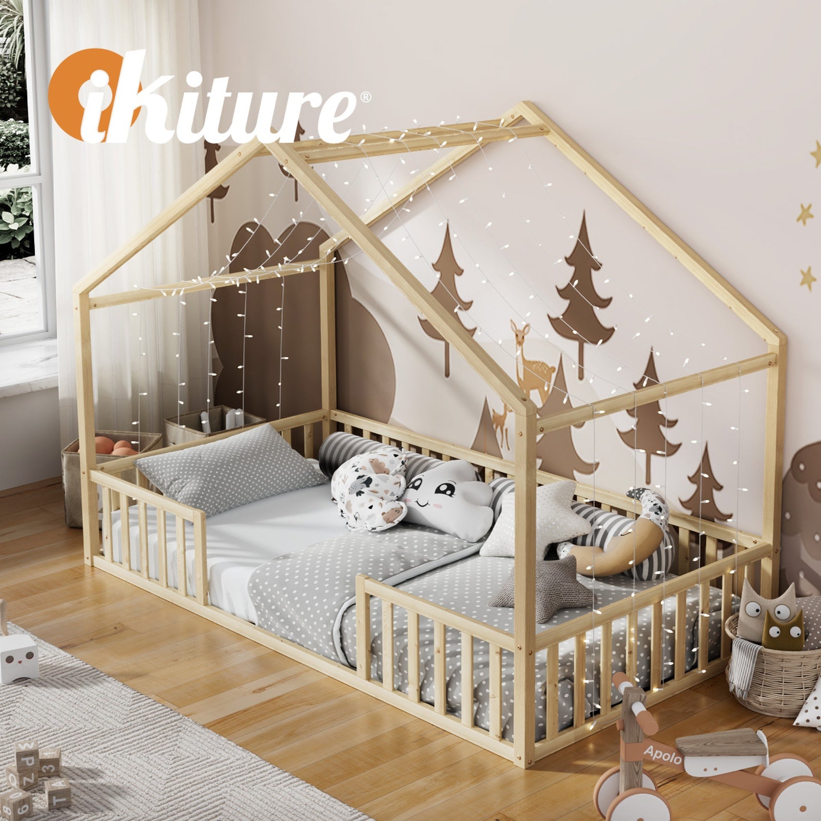 Oikiture Wooden Kids Bed Frame King Single House Beds Timber No Slats Natural - Sunyee
