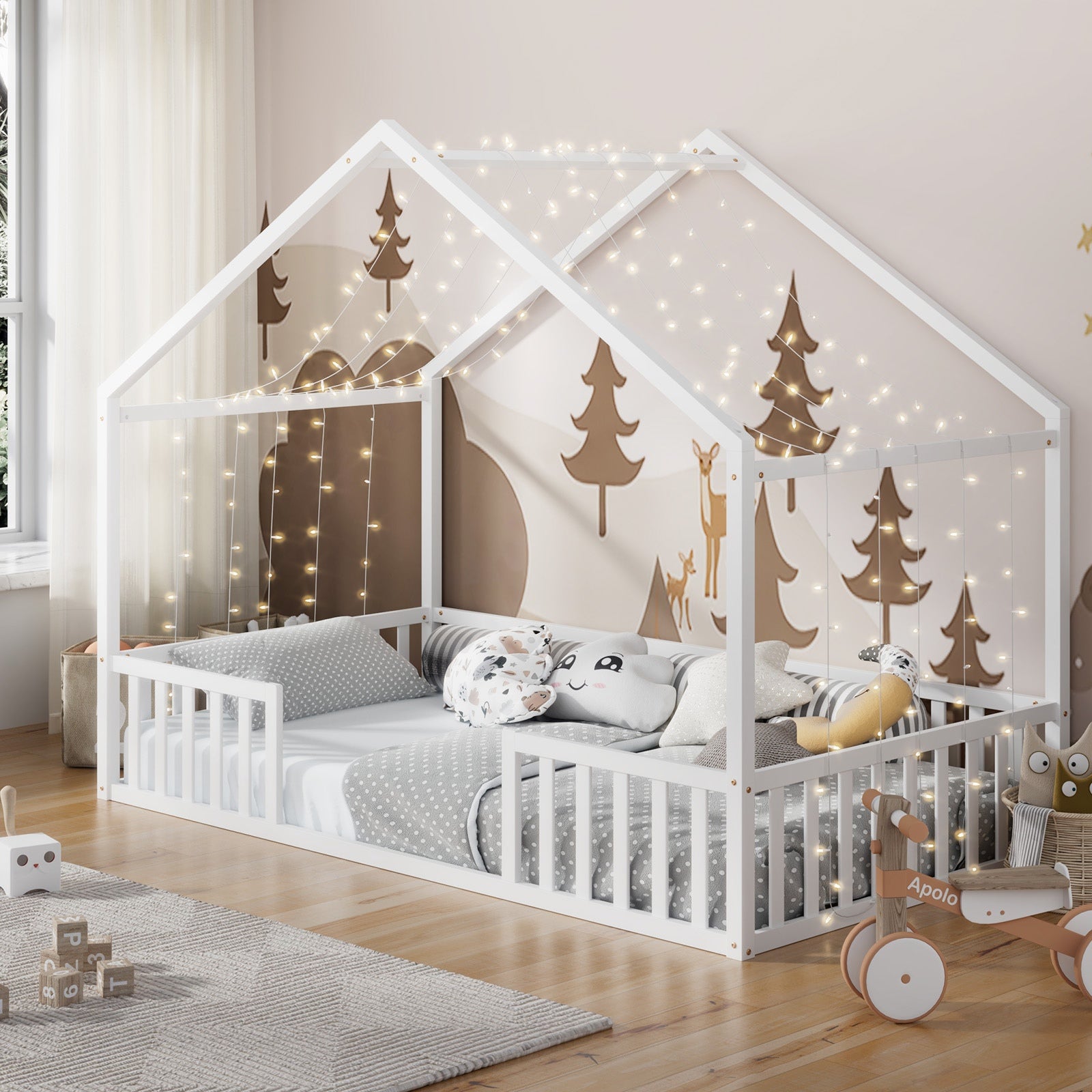 Oikiture Wooden Kids Bed Frame King Single House Beds Timber No Slats White - Sunyee