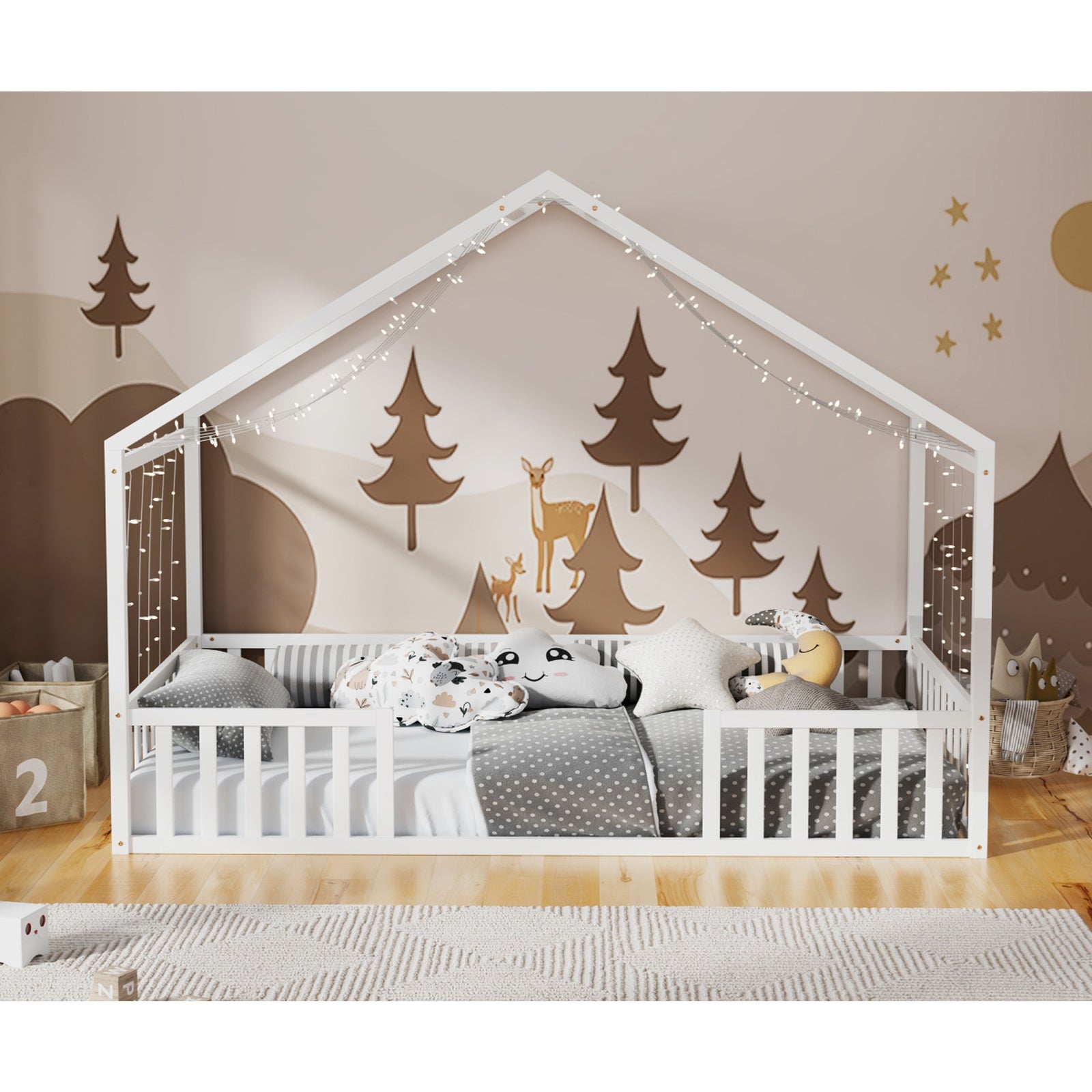 Oikiture Wooden Kids Bed Frame King Single House Beds Timber No Slats White - Sunyee