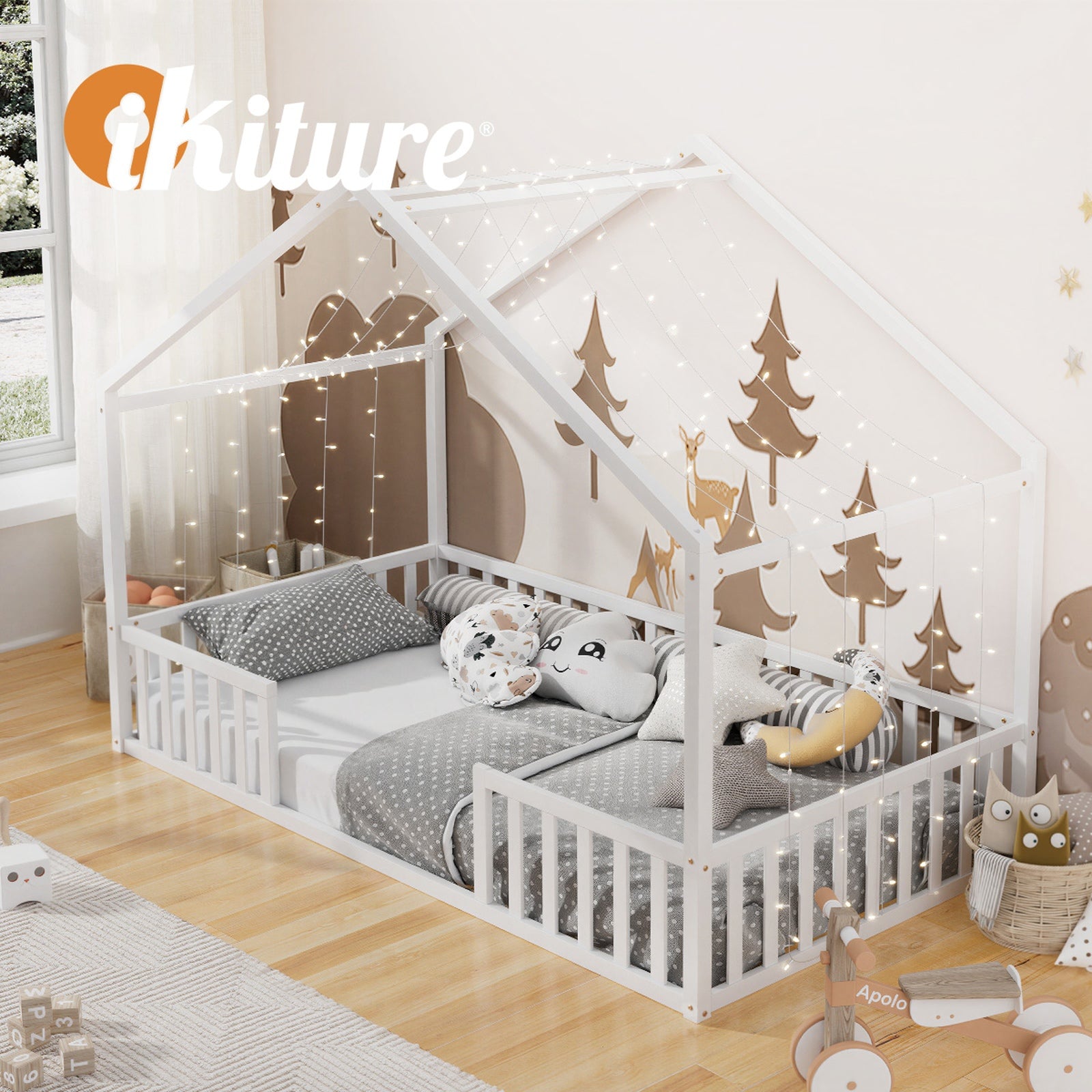 Oikiture Wooden Kids Bed Frame King Single House Beds Timber No Slats White - Sunyee